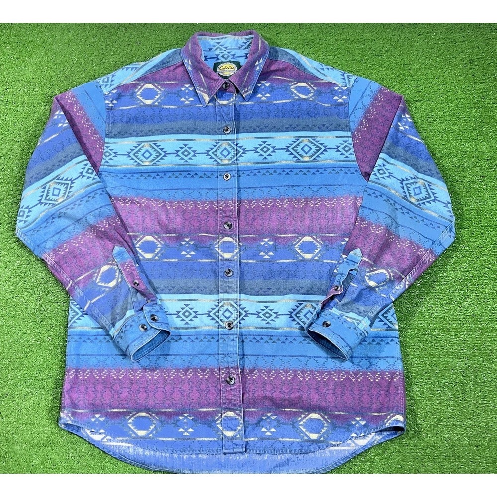 Vintage‎ Cabelas Aztec Western Flannel LG Button Up Pocket Vibrant Colors Stripe